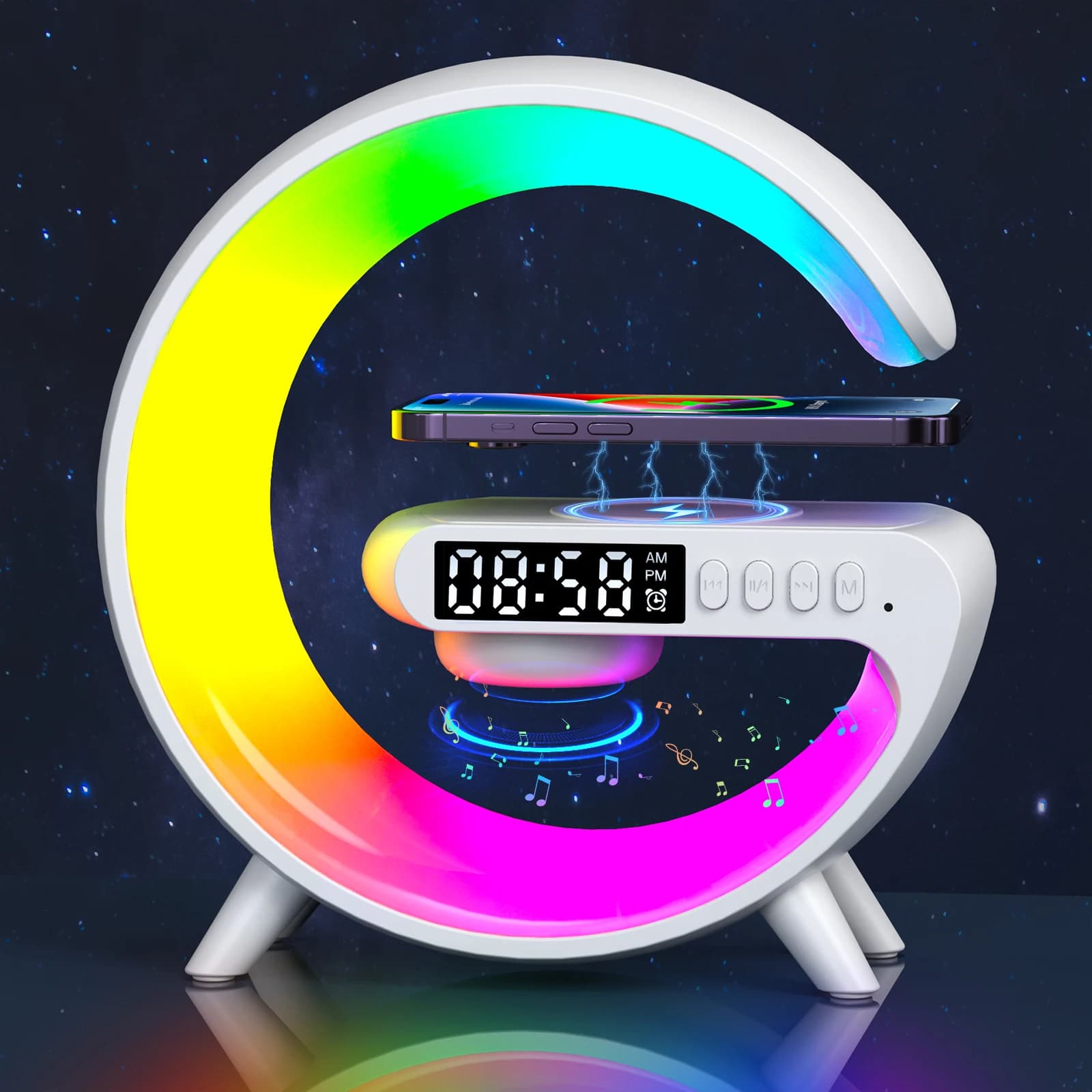 G-Shaped LED Smart Wake Up Light with RGB Night Light & Wireless Speaker | 5-in-1 Charger & Alarm Clock