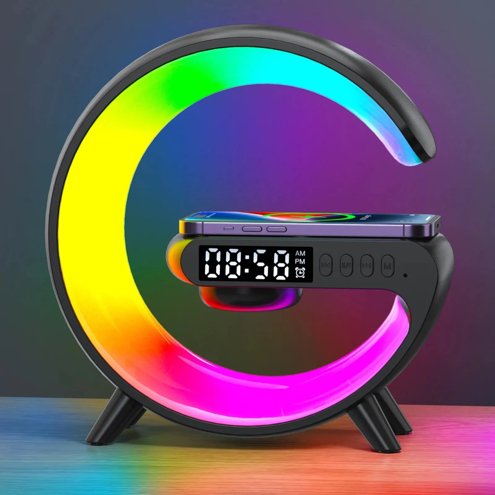 G-Shaped LED Smart Wake Up Light with RGB Night Light & Wireless Speaker | 5-in-1 Charger & Alarm Clock image 5
