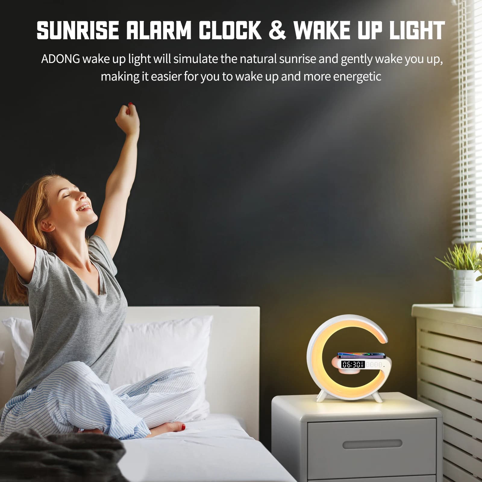 G-Shaped LED Smart Wake Up Light with RGB Night Light & Wireless Speaker | 5-in-1 Charger & Alarm Clock image 4