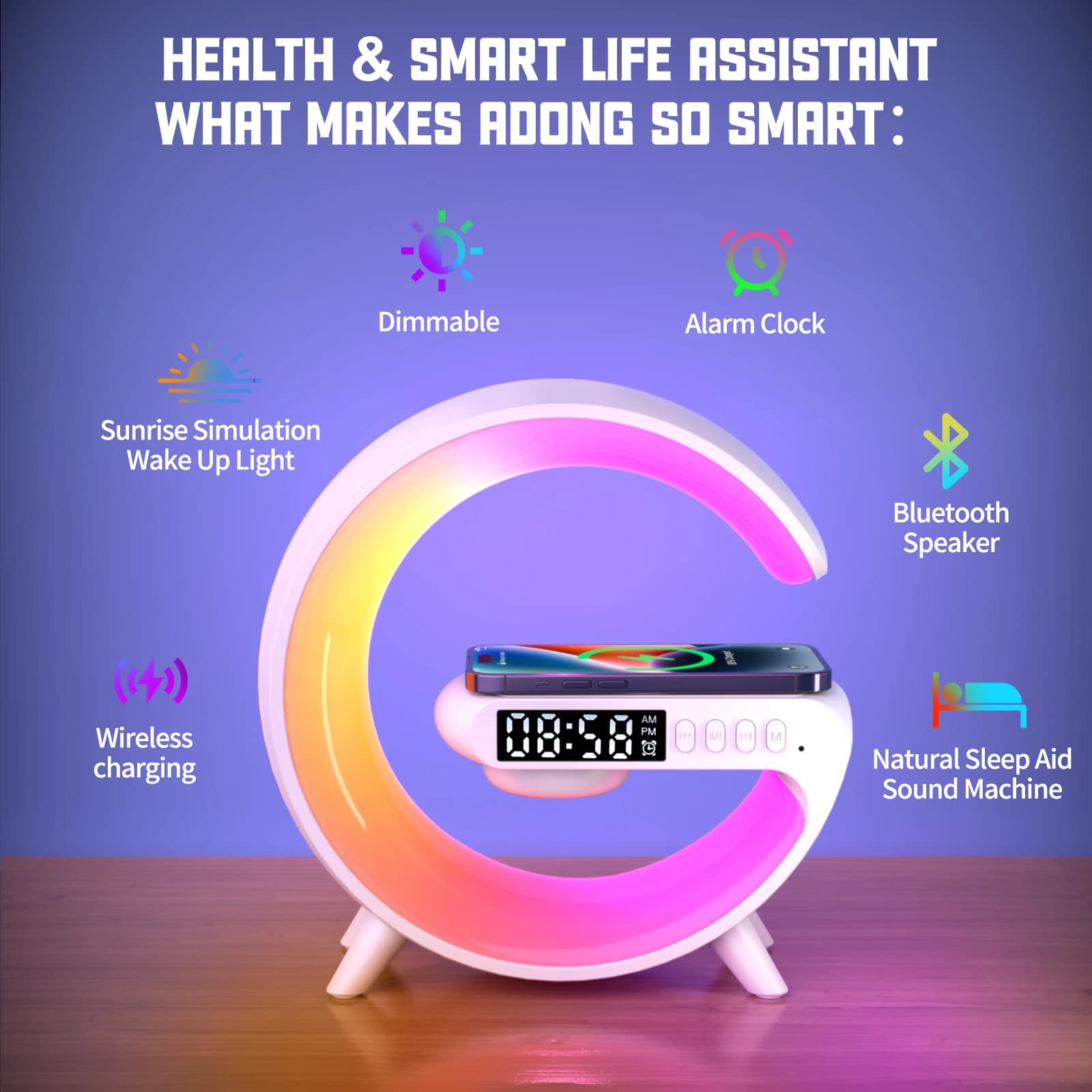 G-Shaped LED Smart Wake Up Light with RGB Night Light & Wireless Speaker | 5-in-1 Charger & Alarm Clock image 6