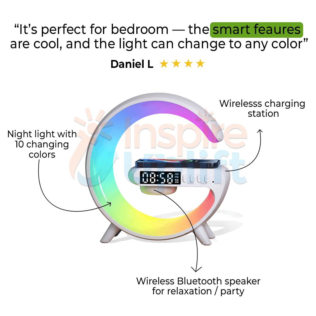 G-Shaped LED Smart Wake Up Light with RGB Night Light & Wireless Speaker | 5-in-1 Charger & Alarm Clock image 2