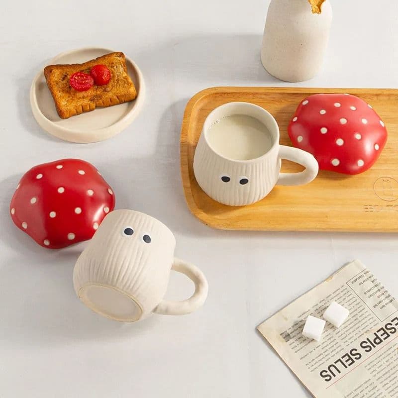 Creative Red Mushroom Ceramic Coffee Cup with Lid – Cute Cartoon Mug for Breakfast Milk, Ideal Birthday Gift image 3
