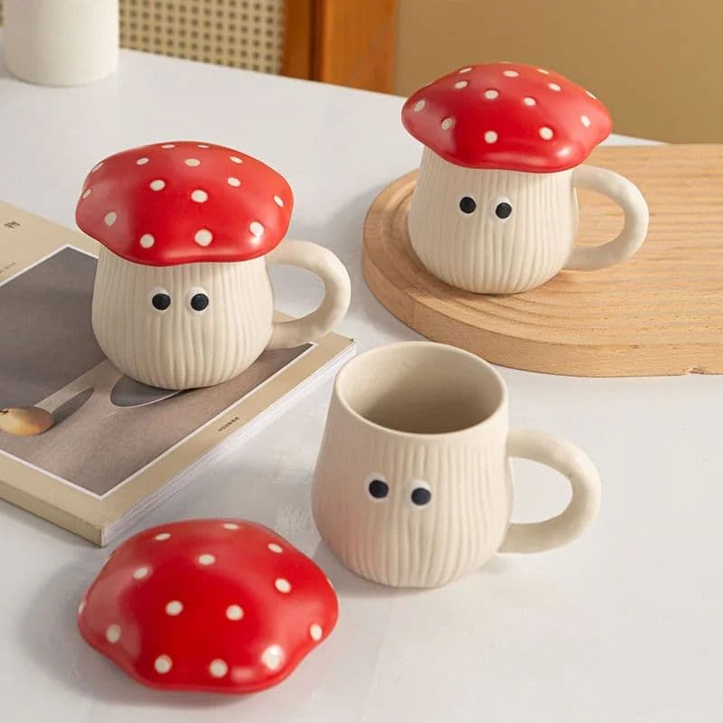 Creative Red Mushroom Ceramic Coffee Cup with Lid – Cute Cartoon Mug for Breakfast Milk, Ideal Birthday Gift image 2