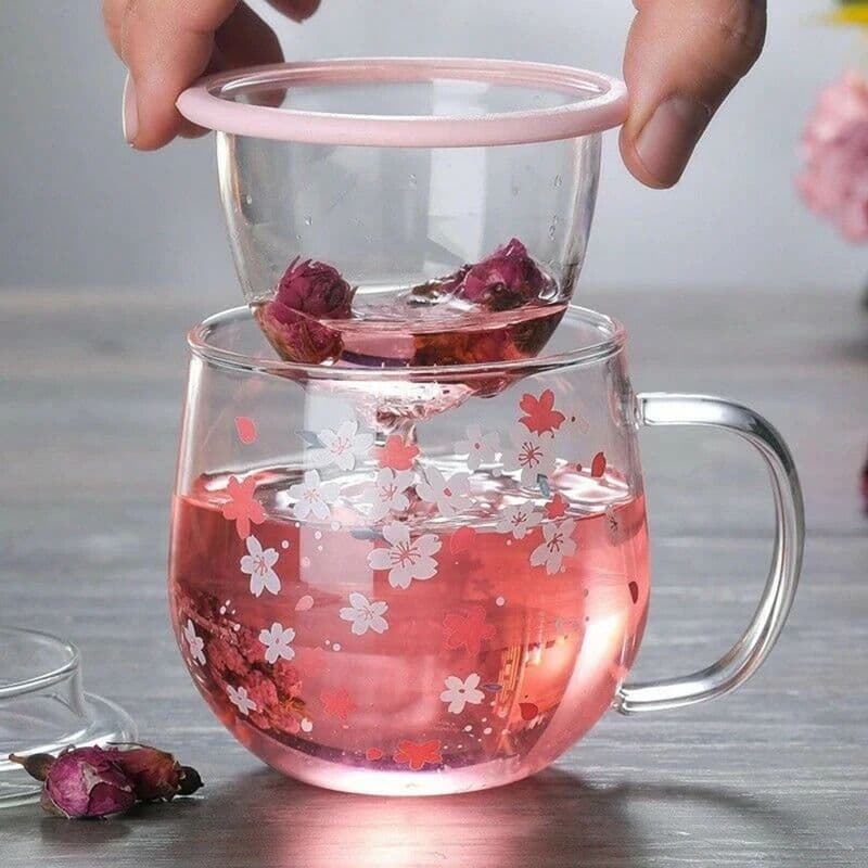 Cherry Blossom Glass Tea Infuser Mug – 300ml Heat-Resistant Borosilicate Glass with Filter and Lid