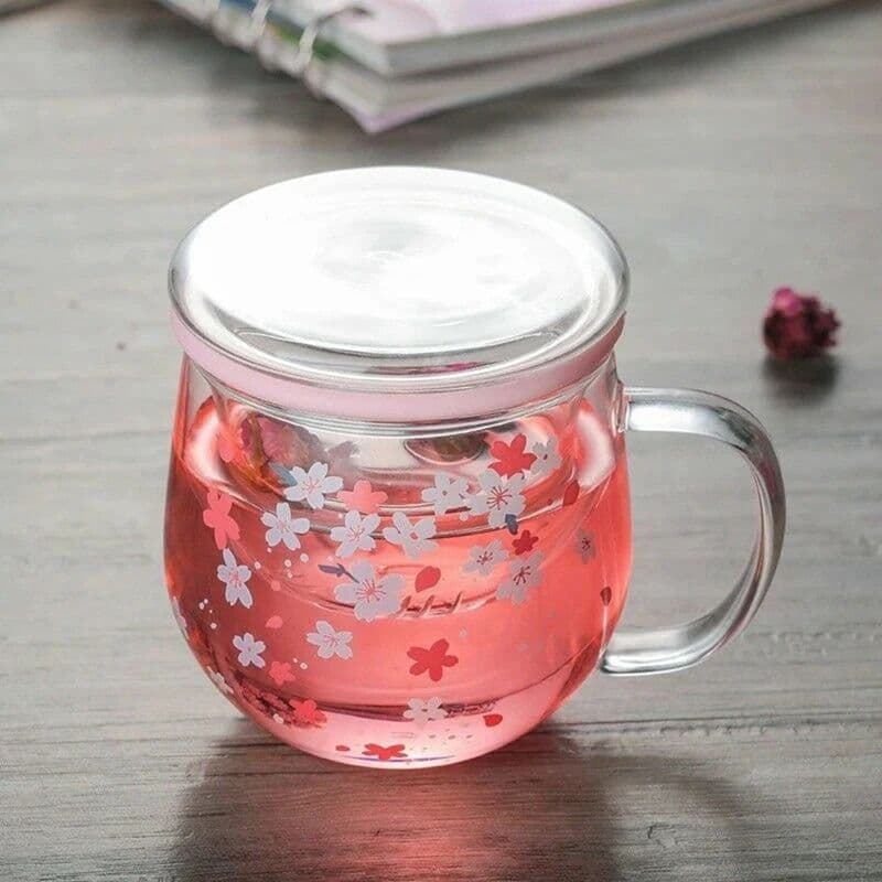 Cherry Blossom Glass Tea Infuser Mug – 300ml Heat-Resistant Borosilicate Glass with Filter and Lid image 3