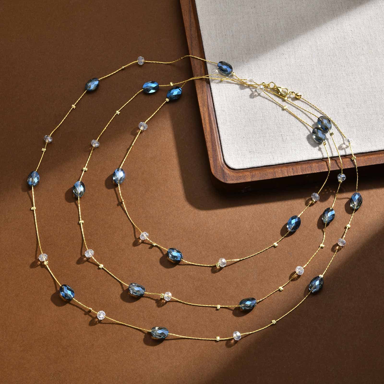 Blue Crystal Layered Statement Necklace for Women Long Sweater Chain image 3
