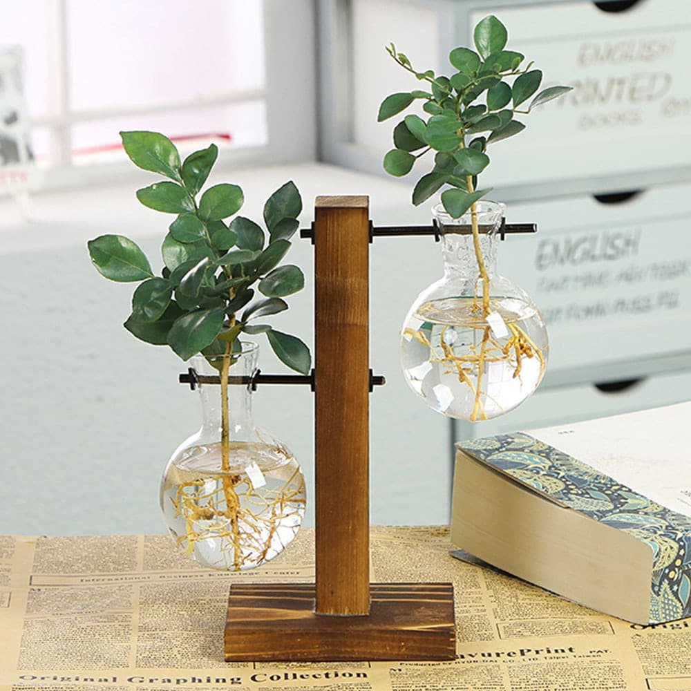 Creative Glass Desktop Planter Bulb Vase with Wooden Stand - Hydroponic Plant Container for Home Tabletop Decor image 8