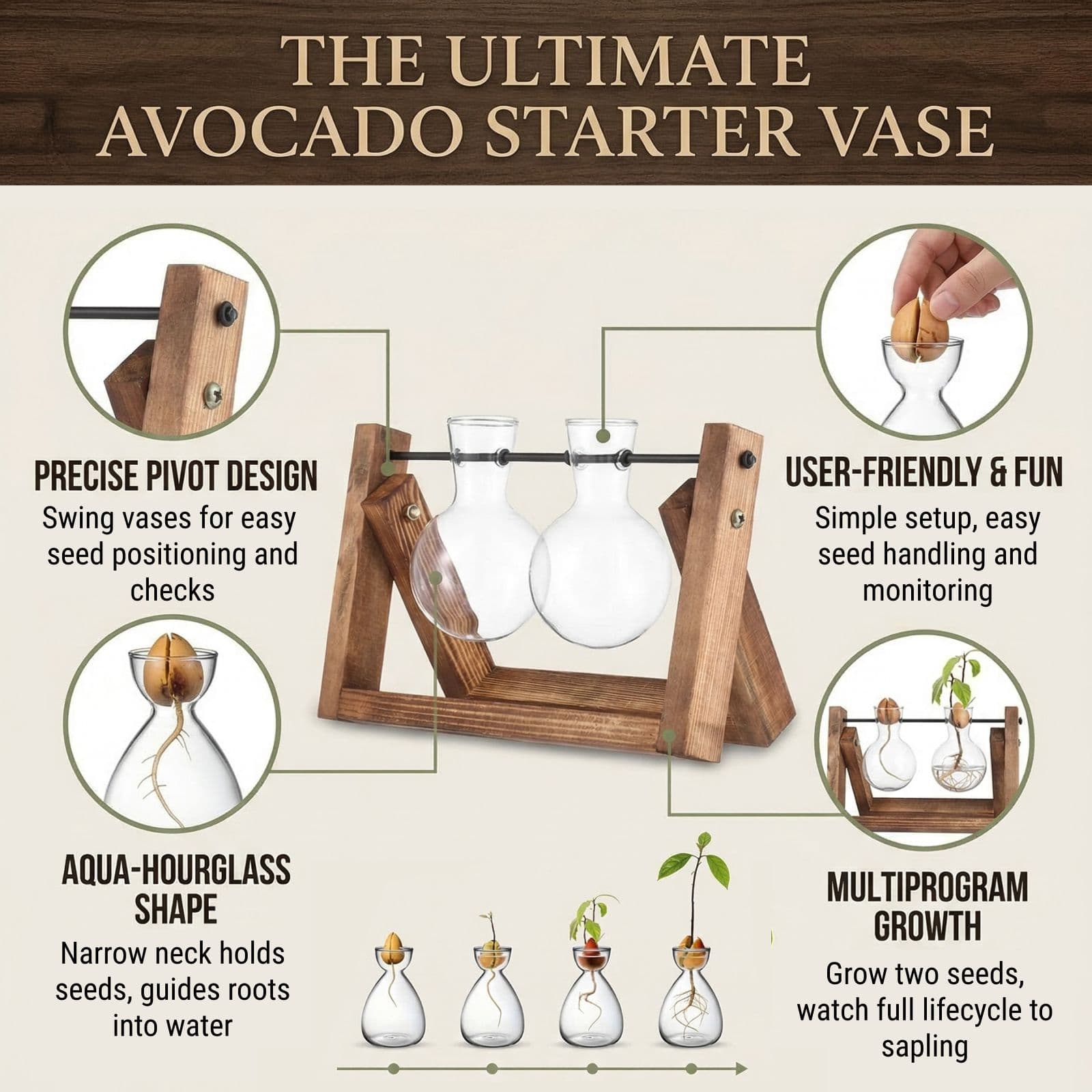 Transparent Glass Avocado Seed Starter Vase, Plant Growing Kit for Gardening Enthusiasts image 2
