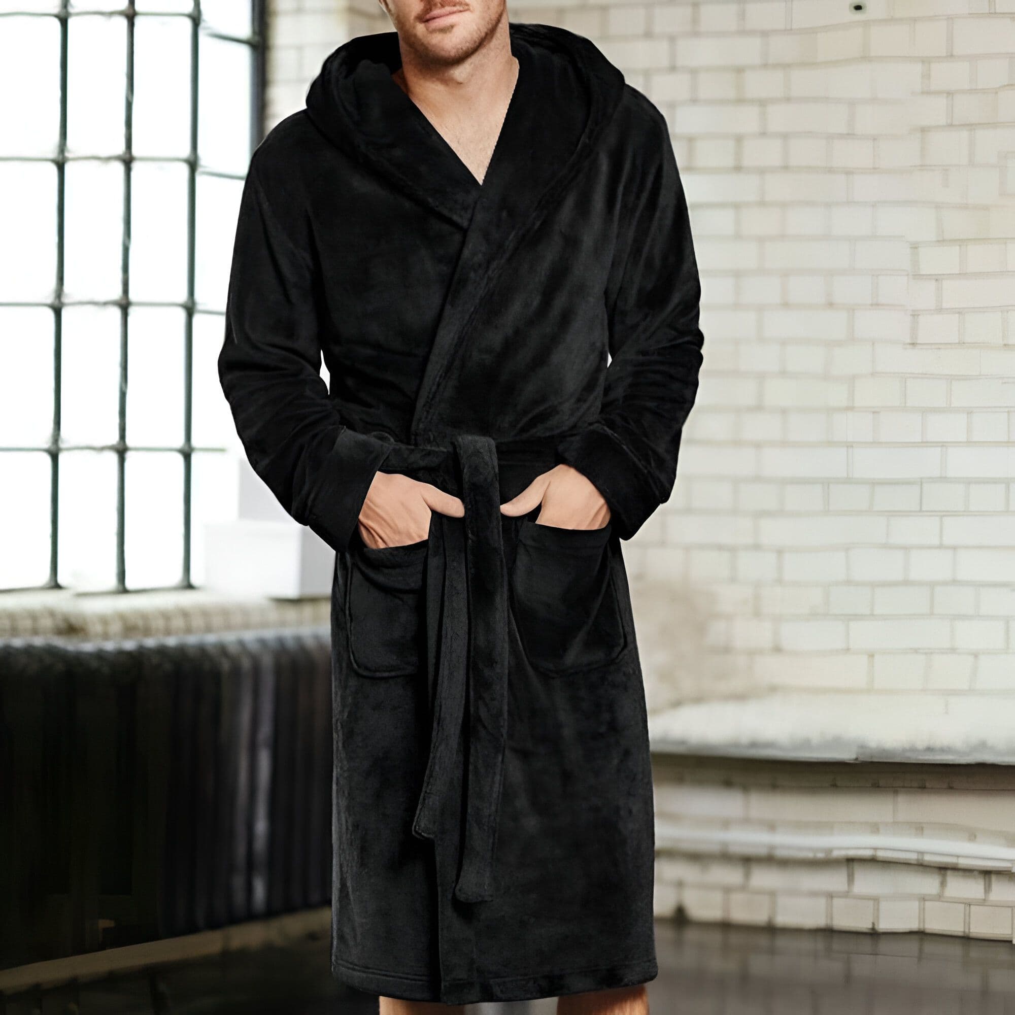 Men's Hooded Bathrobe, Soft Fluffy Robe, Long Quick Dry Sleepwear, Home Gown image 9