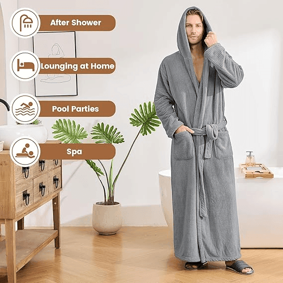 Men's Hooded Bathrobe, Soft Fluffy Robe, Long Quick Dry Sleepwear, Home Gown image 2
