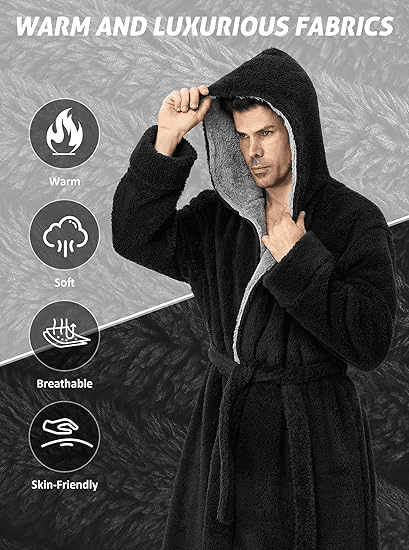 Men's Hooded Bathrobe, Soft Fluffy Robe, Long Quick Dry Sleepwear, Home Gown image 3