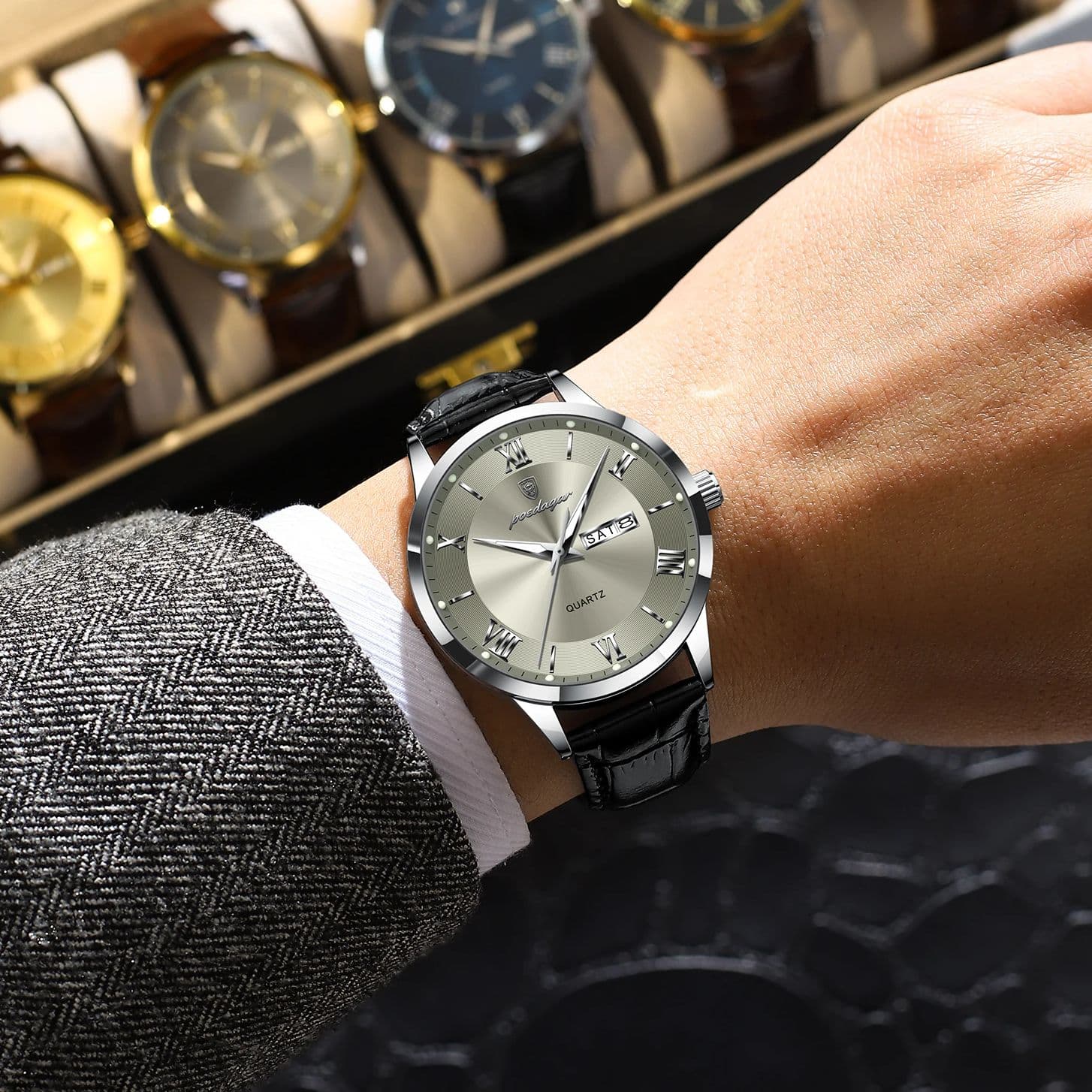 Luxury Business Wristwatch For Men, Date Week Leather Quartz Male Watch, Waterproof Luminous Fashion Men Watches image 3