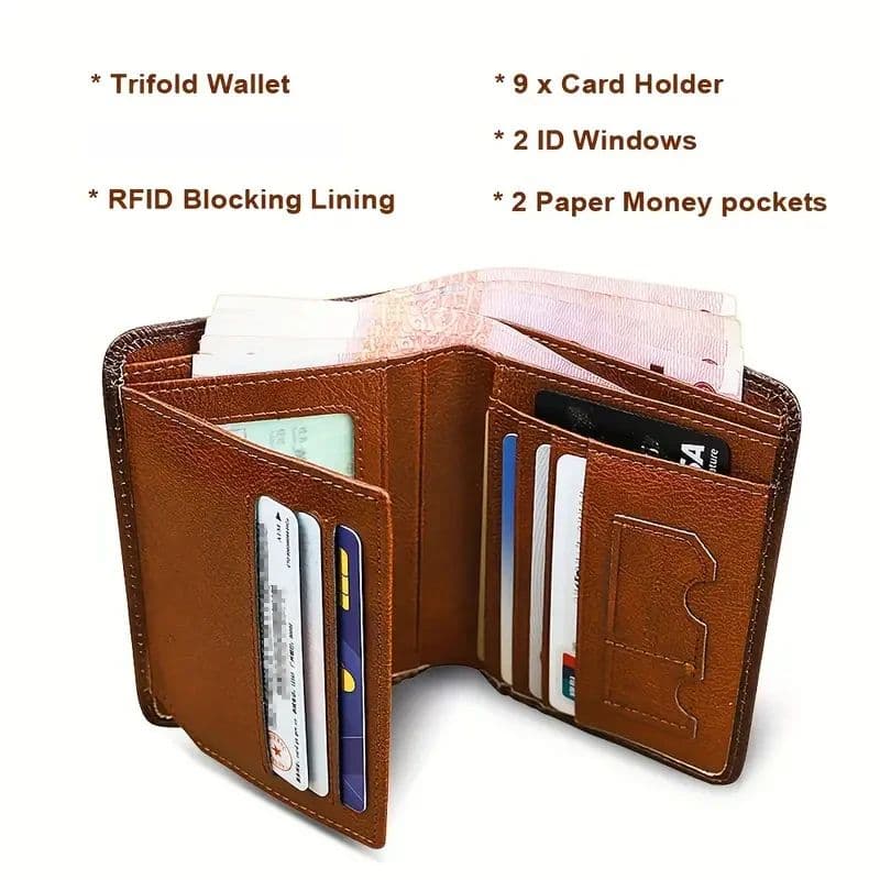 Mens Genuine Leather Wallet, RFID Anti Theft, Large Capacity Trifold, Fashion Card Holder with Photo Position image 3
