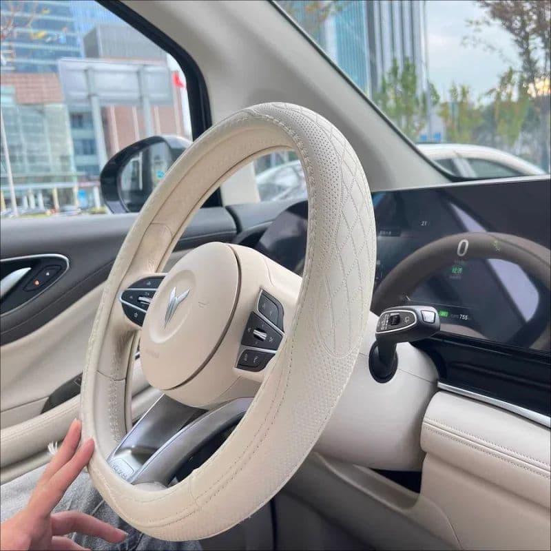 Premium Napa Leather Perforated Patchwork Car Steering Wheel Cover Non-Slip, Breathable & Universal Fit