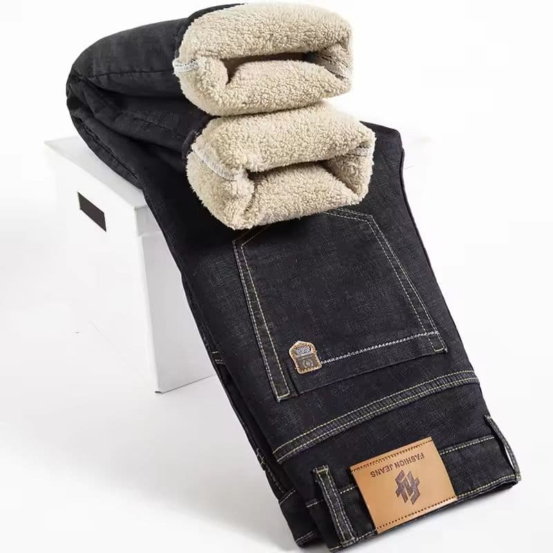 Winter Fleece Lined Denim Pants for Men Warm High Waist Straight Fit image 7