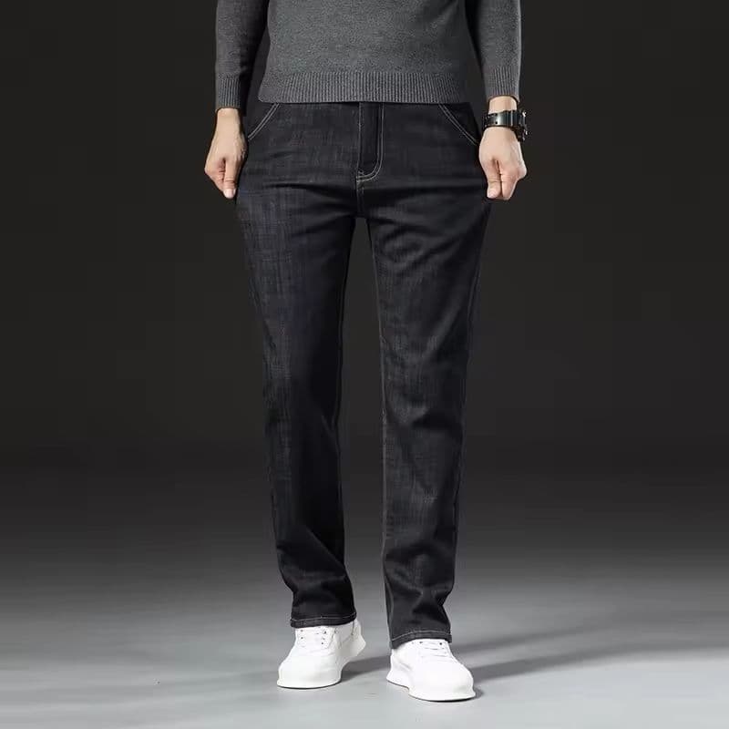 Winter Fleece Lined Denim Pants for Men Warm High Waist Straight Fit image 5