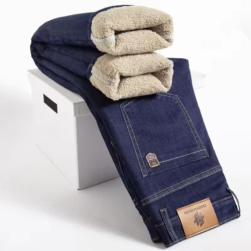 Winter Fleece Lined Denim Pants for Men Warm High Waist Straight Fit image 8