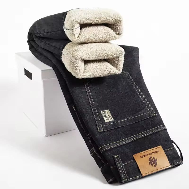 Winter Fleece Lined Denim Pants for Men Warm High Waist Straight Fit image 4