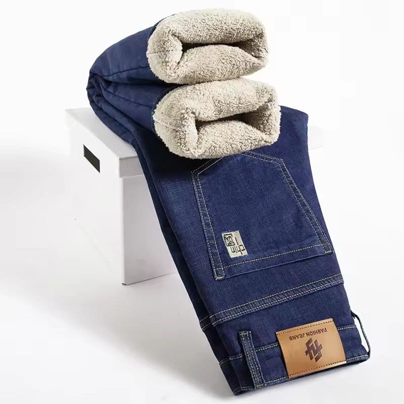 Winter Fleece Lined Denim Pants for Men Warm High Waist Straight Fit image 6