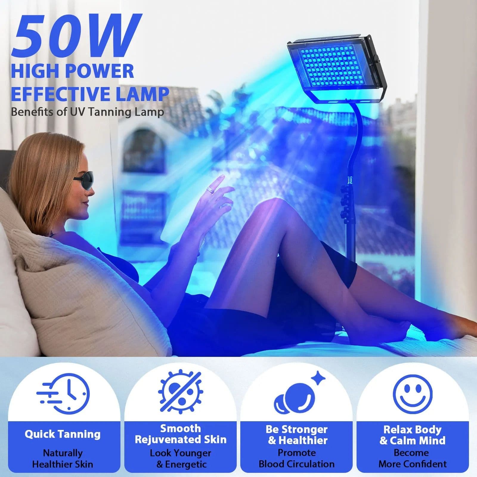 Ultraviolet Tanning Lamp with Adjustable Tripod, 50W Blue Light Body Solarium Lamp for Skin Care and Tanning image 2