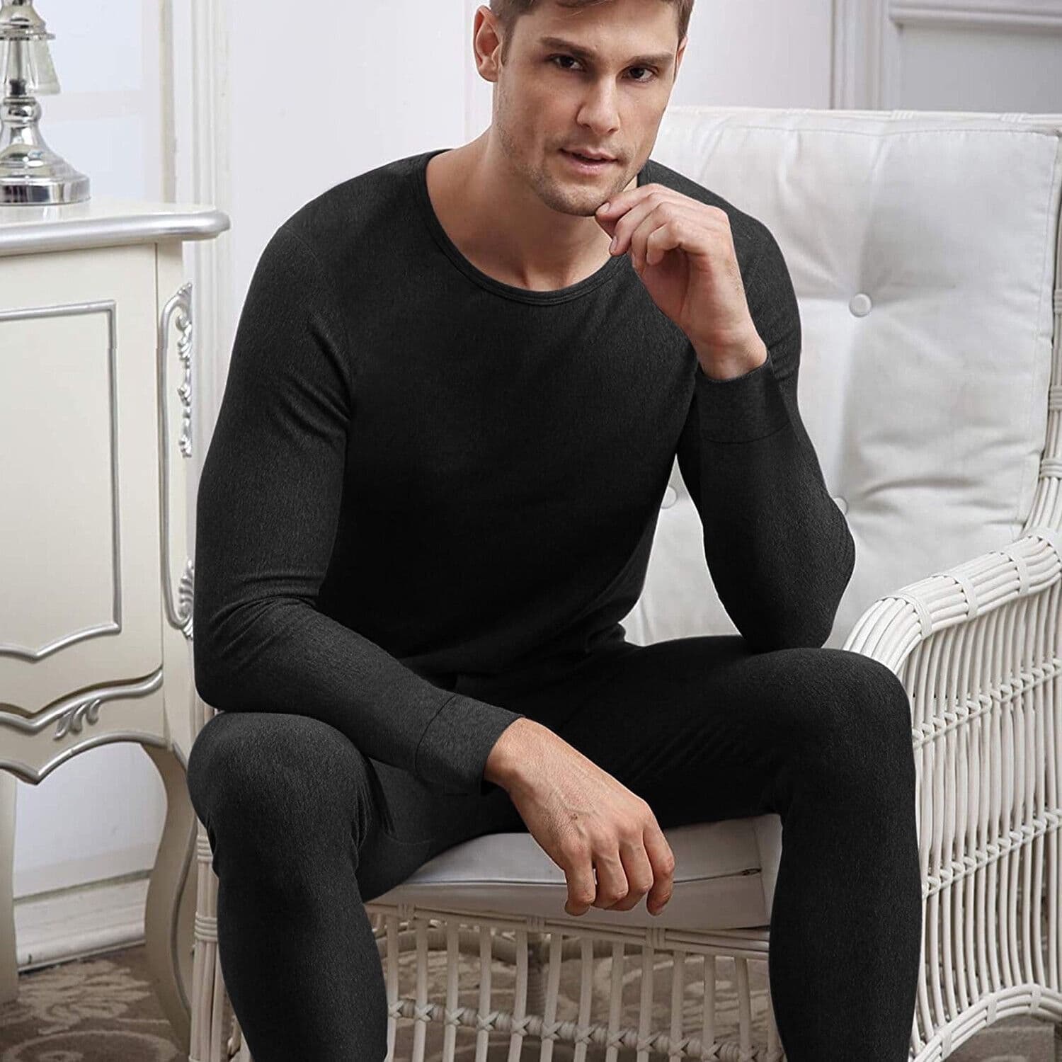2pcs Men's Solid Color Thermal Underwear Set for Fall and Winter image 9