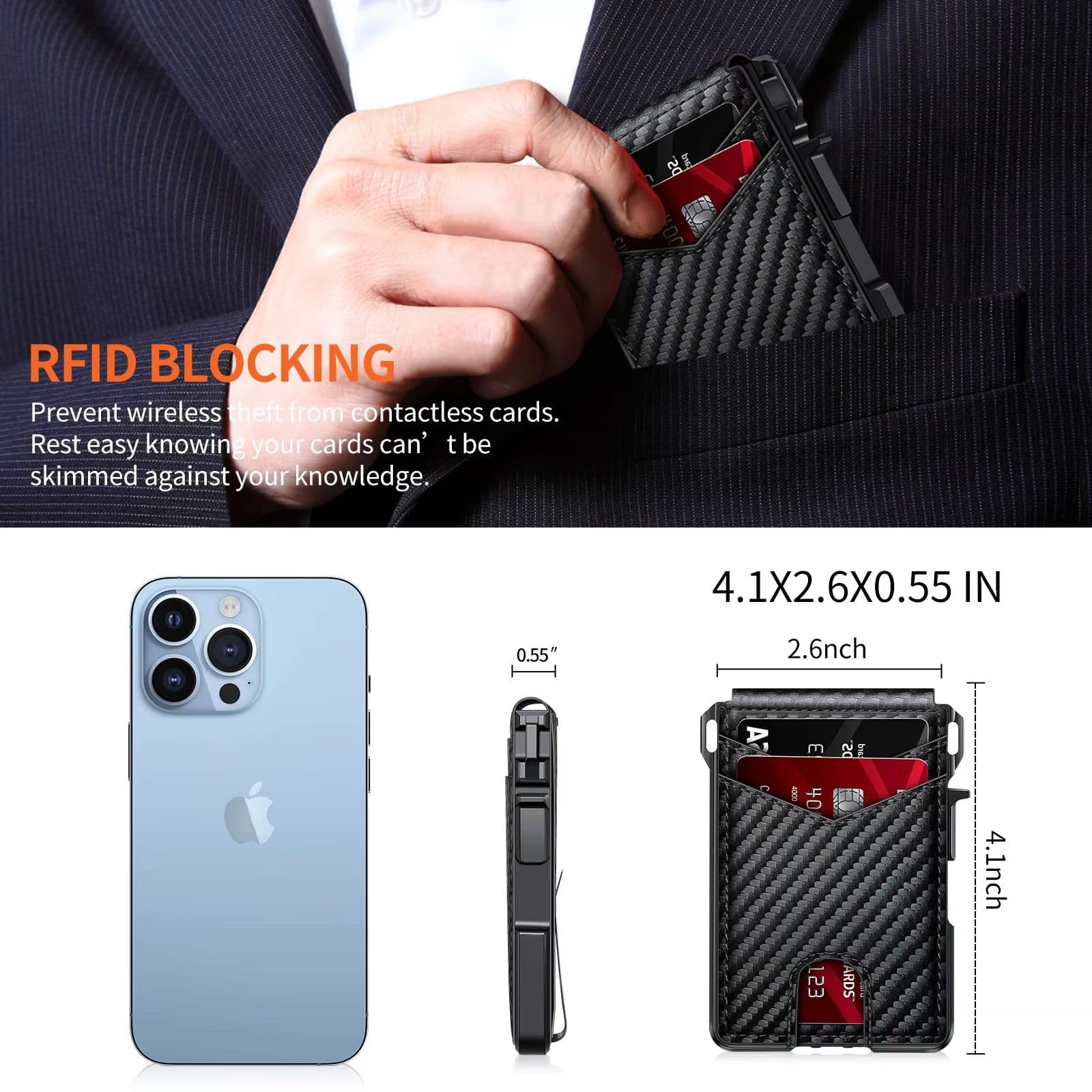 Minimalist RFID Blocking Wallet for Men, Slim Metal Credit Card Wallet with Pop-Up Card Holder and Money Clip image 2