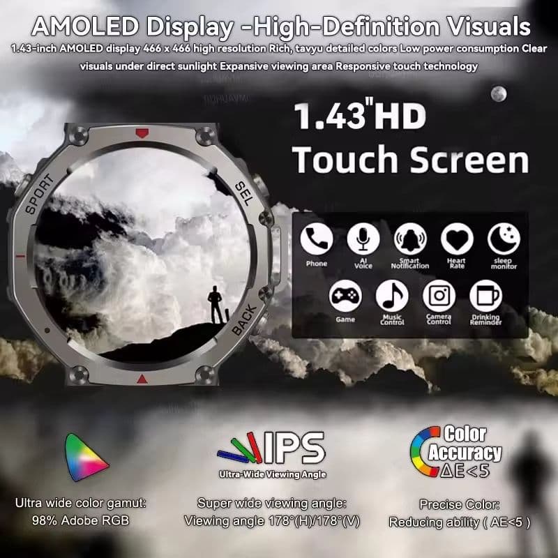 Military Smartwatch with Bluetooth Calling, Built-in GPS, Compass, Altimeter & 10ATM Waterproof Sports Watch for Men's image 5