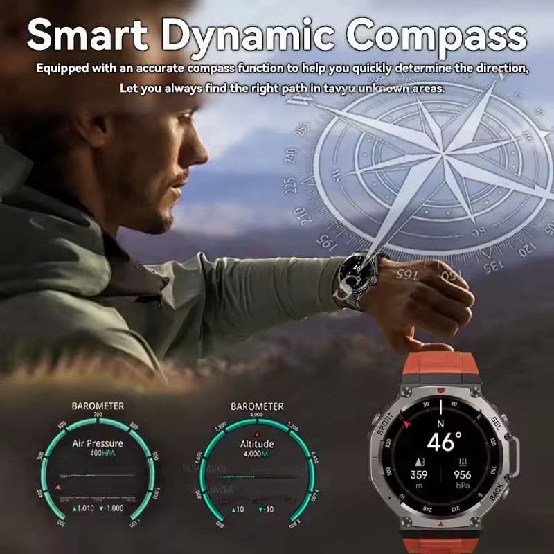 Military Smartwatch with Bluetooth Calling, Built-in GPS, Compass, Altimeter & 10ATM Waterproof Sports Watch for Men's image 6