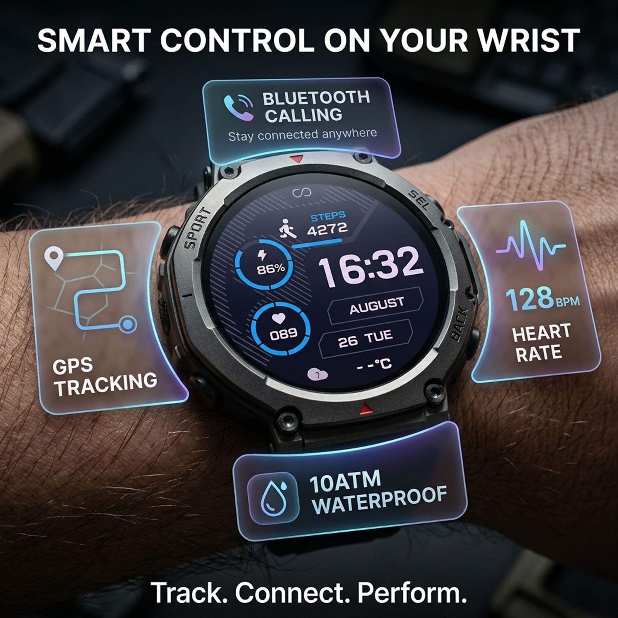 Military Smartwatch with Bluetooth Calling, Built-in GPS, Compass, Altimeter & 10ATM Waterproof Sports Watch for Men's image 2