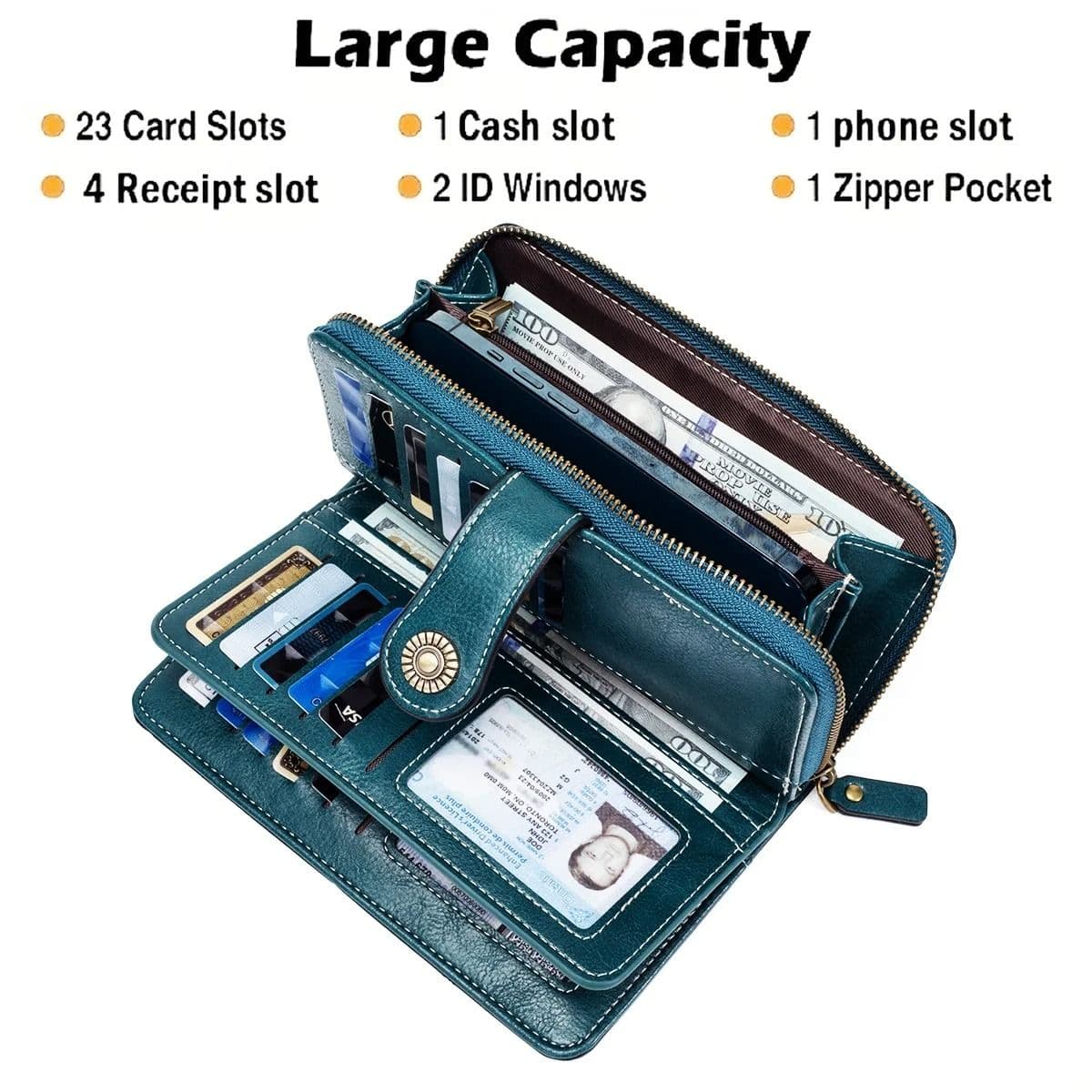 Leather RFID Anti-Theft Wallet, European American Retro Long Wallet Clutch, Large Capacity Card Holder Coin Purse image 3