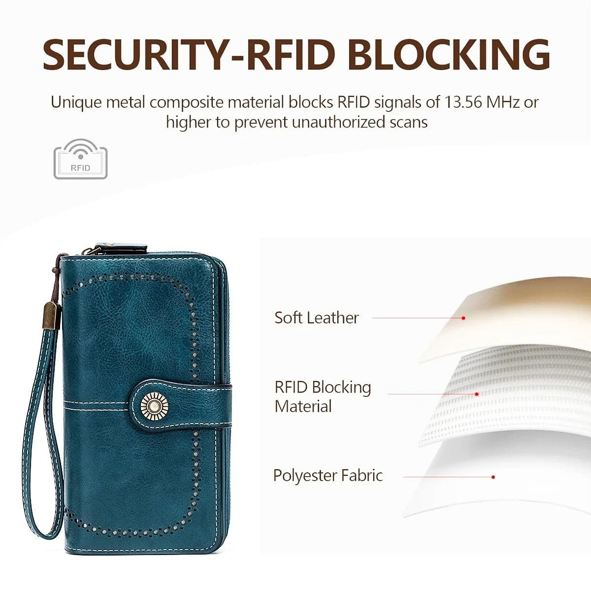 Leather RFID Anti-Theft Wallet, European American Retro Long Wallet Clutch, Large Capacity Card Holder Coin Purse image 6