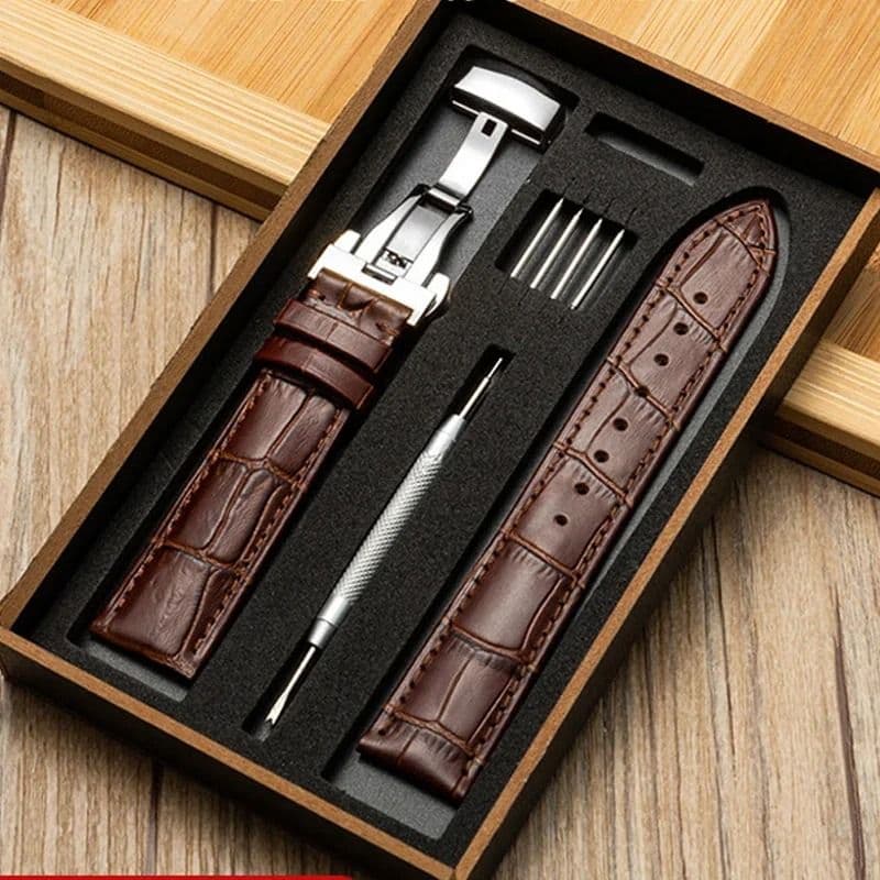 Genuine Leather Watch Band with Wooden Box and Butterfly Clasp image 6
