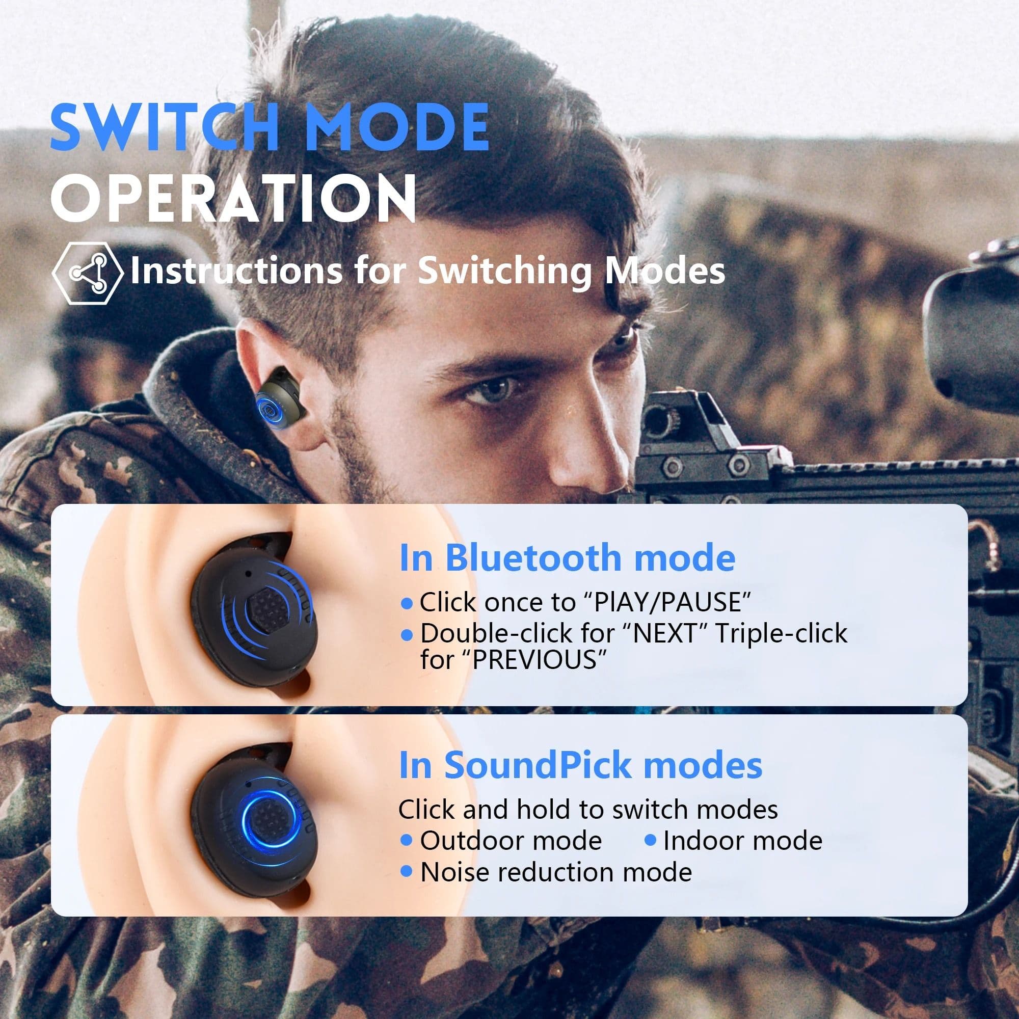 Noise-Cancelling Tactical Headset, Electronic Anti-Noise Earplugs for Shooting, Protection with Bluetooth image 2