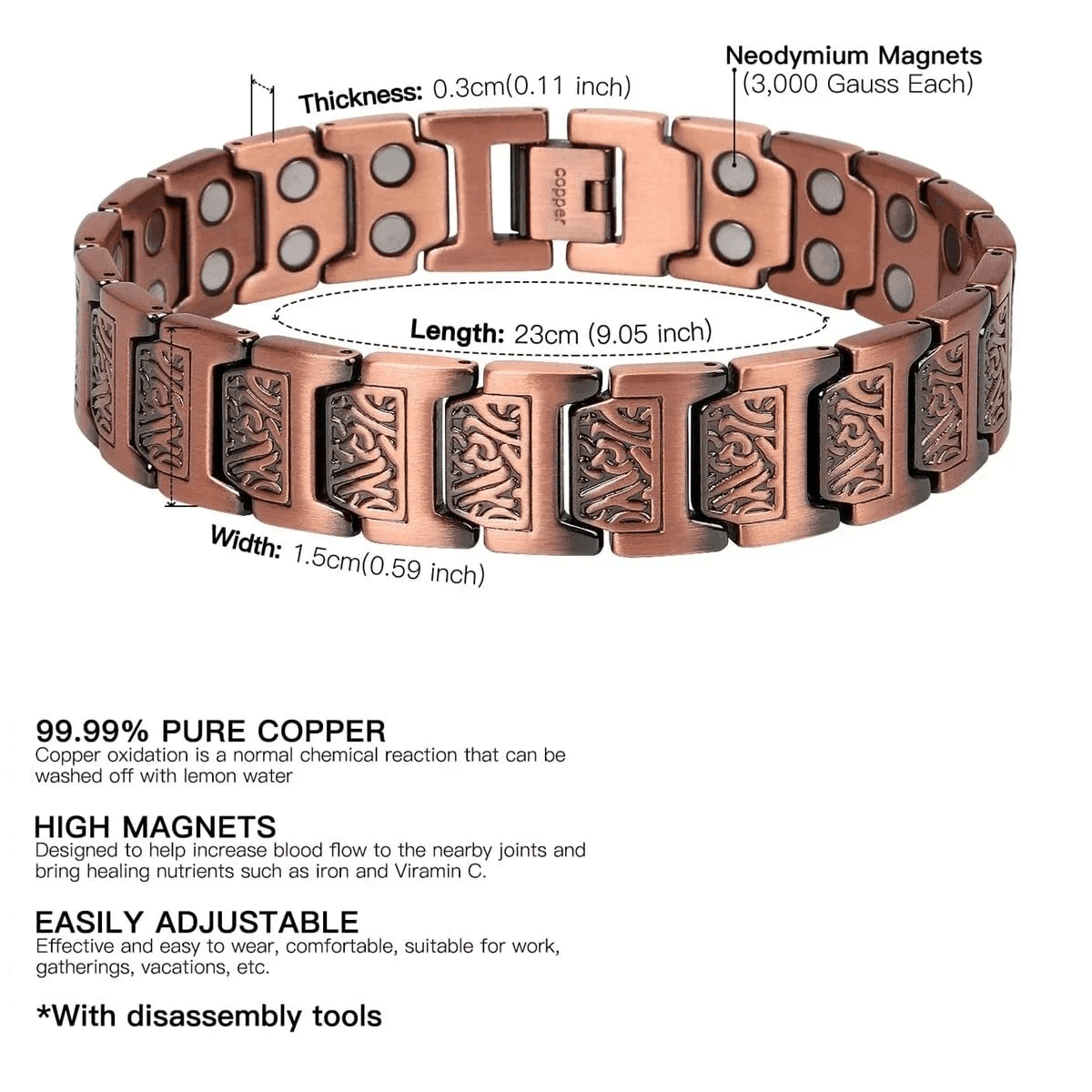 Pure Copper Magnetic Bracelet for Men with Adjustable Sizing Tool image 3