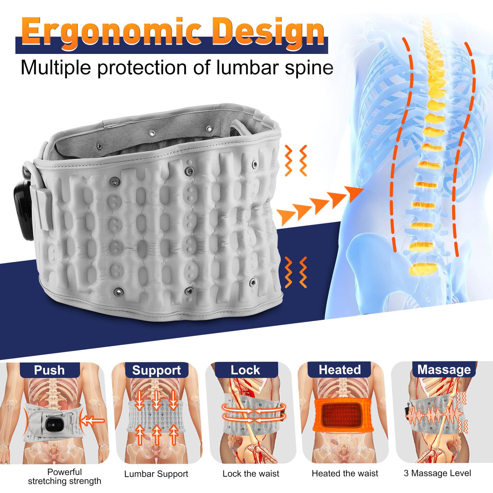 Rechargeable Inflatable Waist Belt for Lumbar Support, Heating, Vibration Massage & Decompression image 2